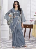 Shimmer Georgette Grey Party Wear Embroidery Work Ready To Wear Saree